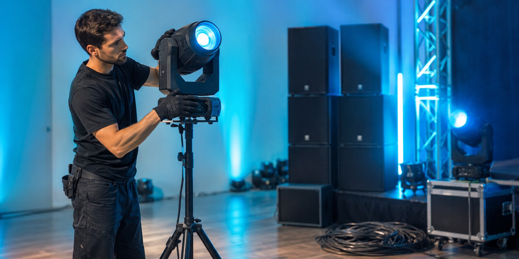 Technicien installant une lumière de scène